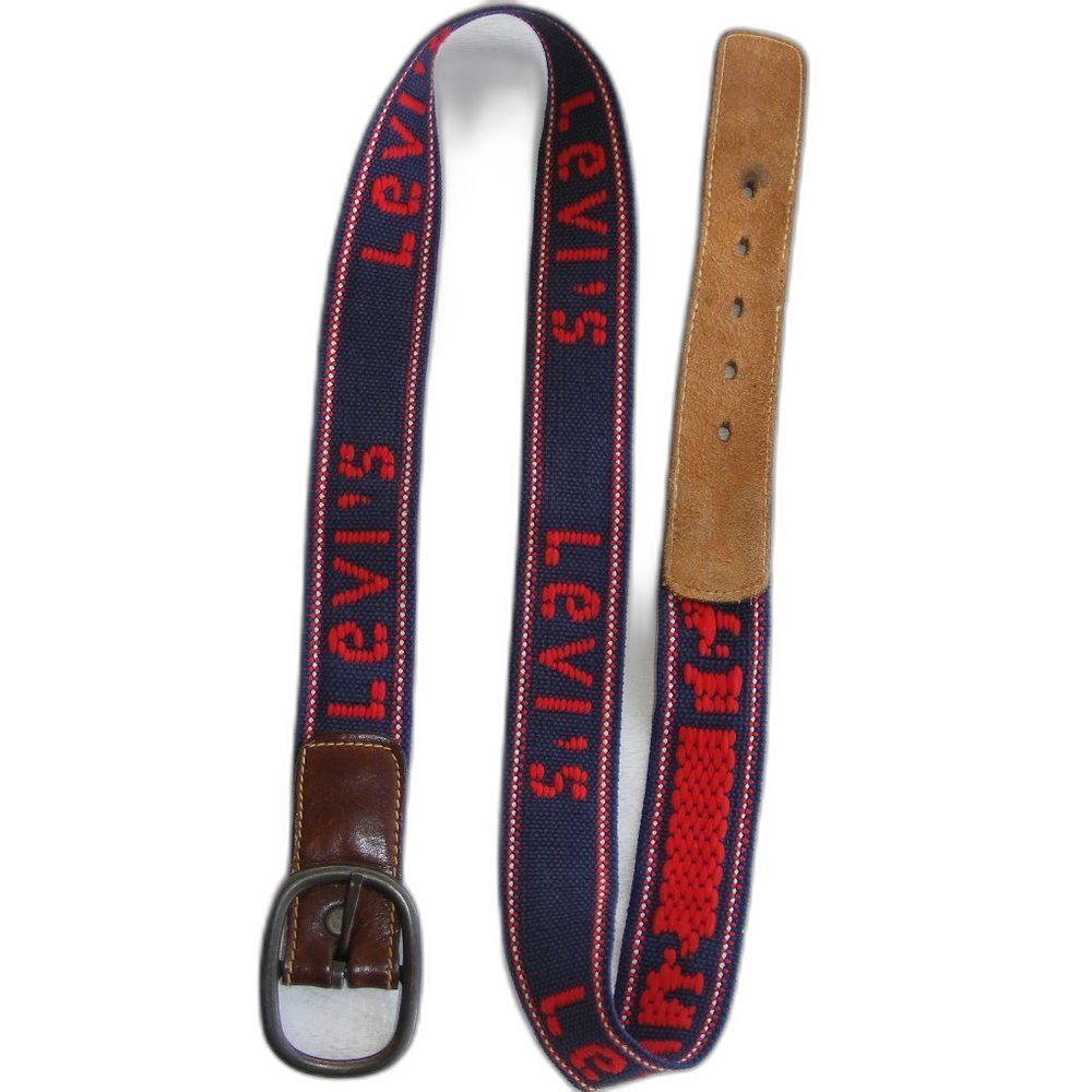 LEVI'S Belt, size 34-37, Woven & Leather, Branded, Blue & Red Weave, Vintage